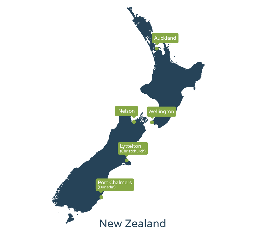 Map of New Zealand showing car shipping locations